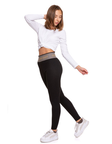 Legginsy - Legginsy damskie ocieplane w prążek wysoki stan CZARNY - produkt 5