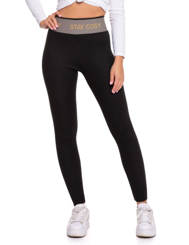 Legginsy - Legginsy damskie ocieplane w prążek wysoki stan CZARNY - produkt 7