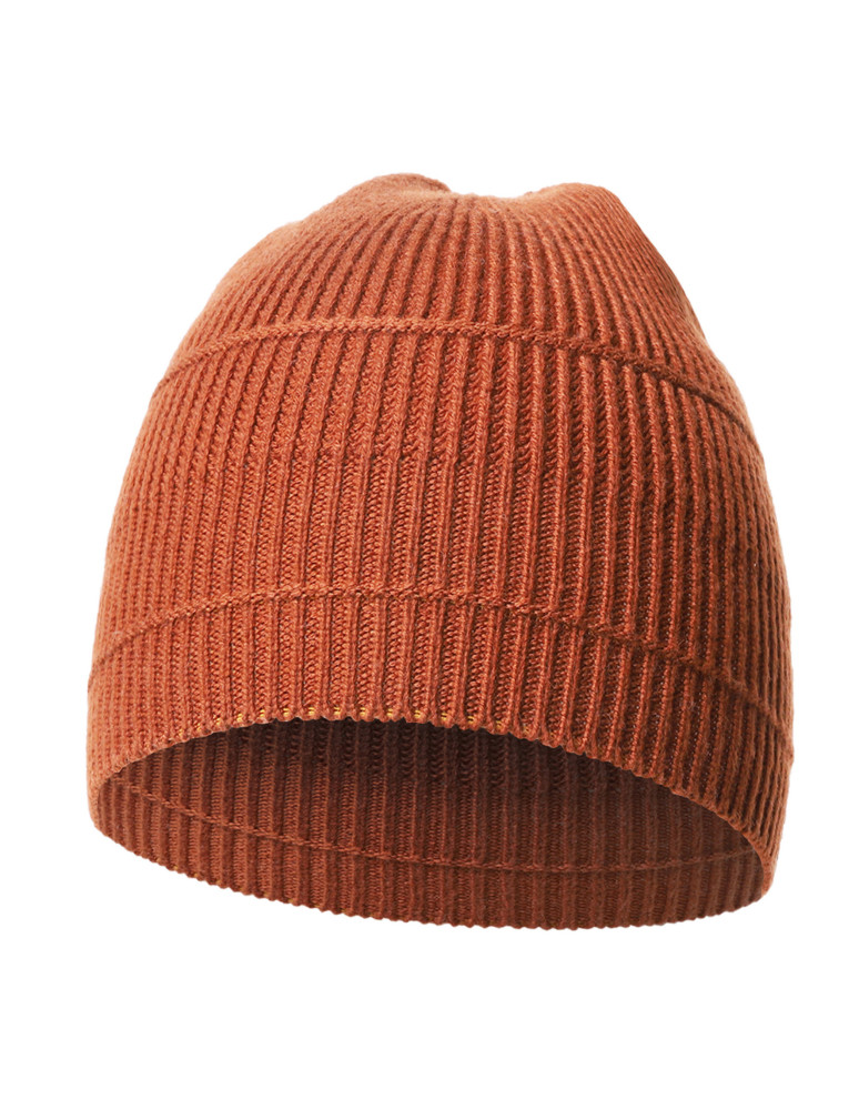 Czapka damska beanie w prążek z domieszką wełny BRĄZOWY