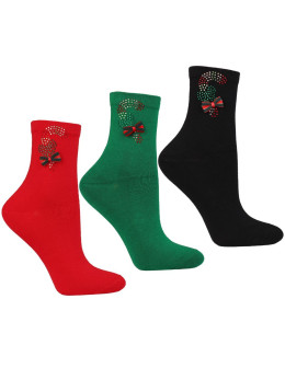 Skarpetki damskie długie w świąteczny wzór z kokardką 3-pak