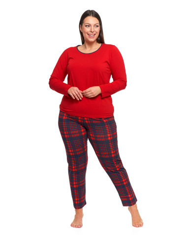 Długi rękaw - Piżama damska dwuczęściowa na długi rękaw w kratkę Plus Size CZERWONY - produkt 1