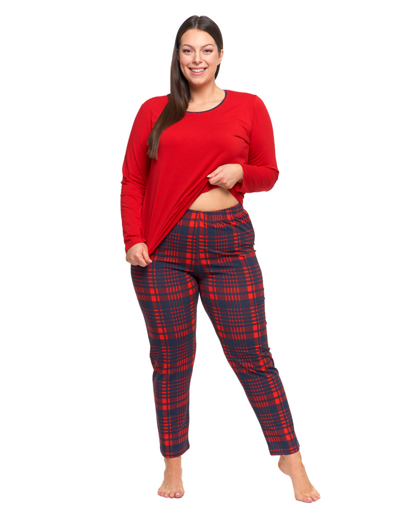 Długi rękaw - Piżama damska dwuczęściowa na długi rękaw w kratkę Plus Size CZERWONY - produkt moraj.pl 4