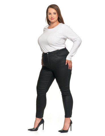 Spodnie - Spodnie damskie skinny z wysokim stanem woskowane CZARNY - produkt 11