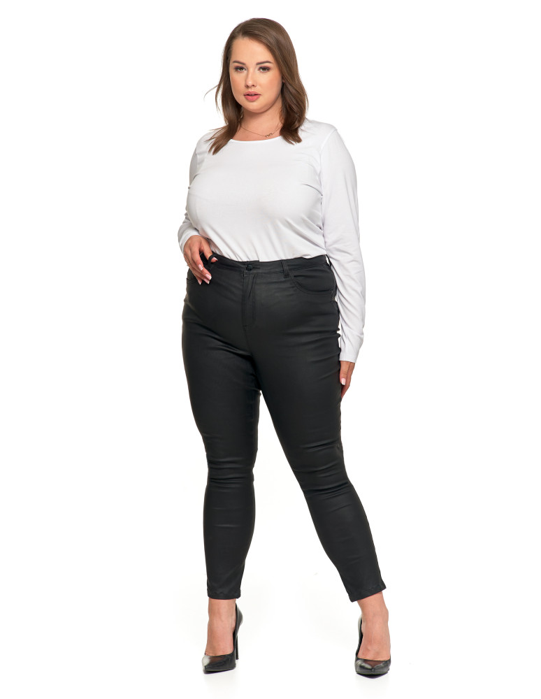 Spodnie - Spodnie damskie skinny z wysokim stanem woskowane CZARNY - produkt moraj.pl 9