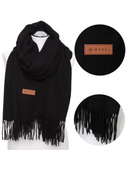 Czarny szal damski ciepły z frędzlami na jesień i zimę