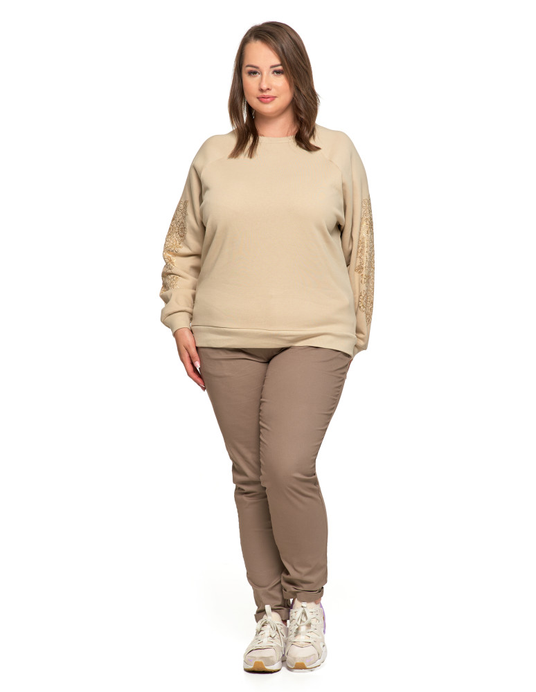 Bluzy - Bluza damska ocpielana ze złotym kwiatowym nadrukiem BEŻOWY - produkt moraj.pl 13