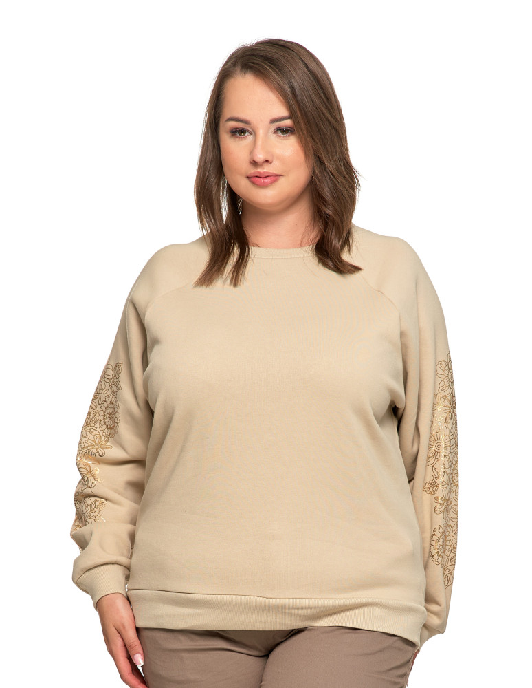 Bluzy - Bluza damska ocpielana ze złotym kwiatowym nadrukiem BEŻOWY - produkt moraj.pl 10