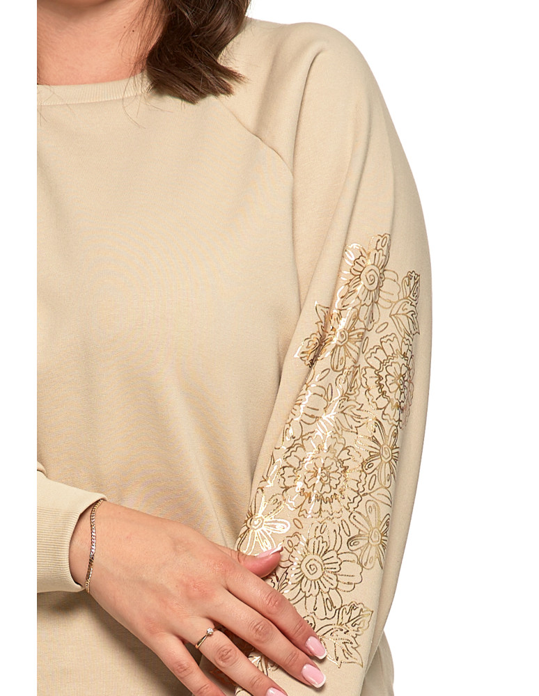 Bluzy - Bluza damska ocpielana ze złotym kwiatowym nadrukiem BEŻOWY - produkt moraj.pl 11