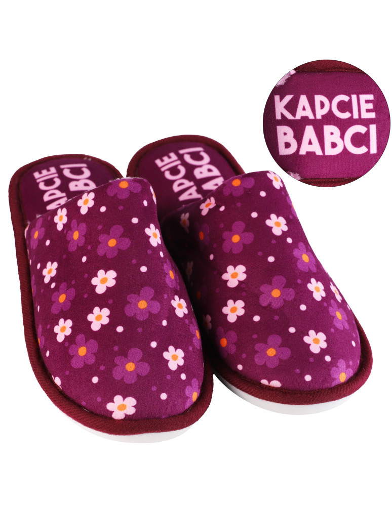 Kapcie i bambosze - Kapcie dla Babci domowe ocieplane z kwiatowym wzorem FIOLETOWY - produkt moraj.pl 1