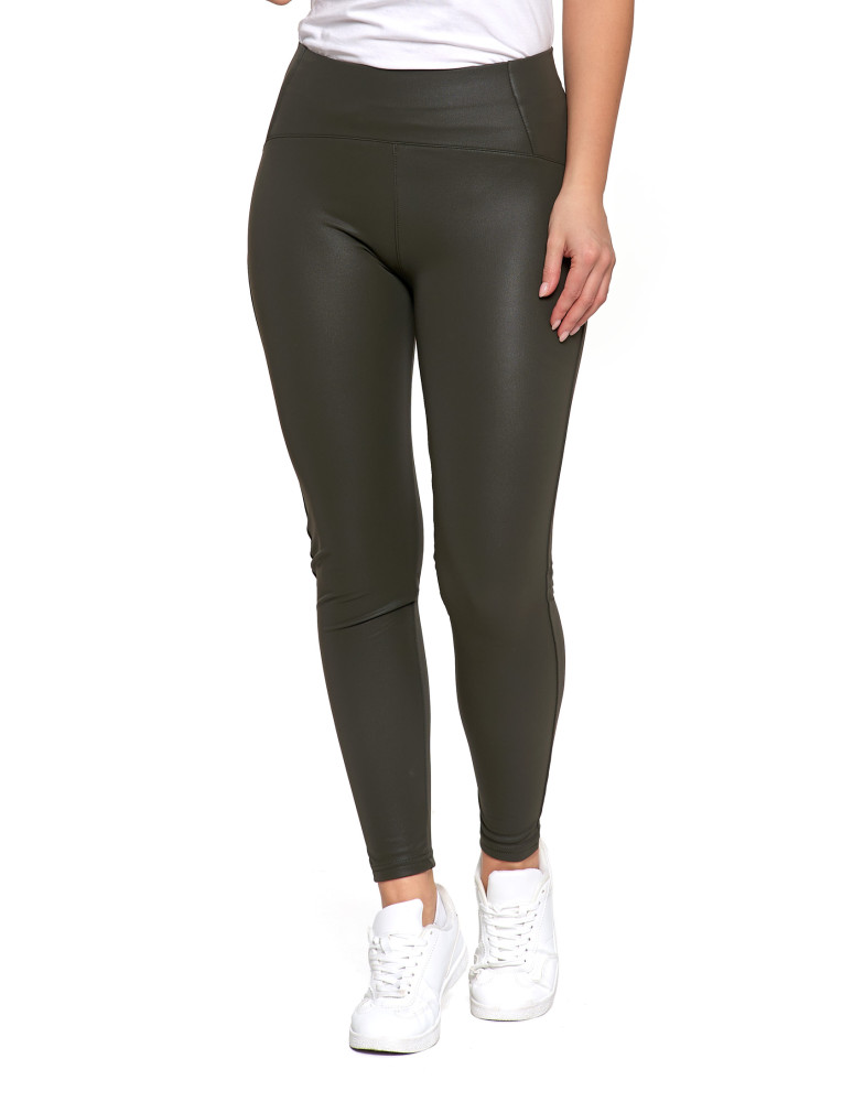 Legginsy - Legginsy damskie z wysokim stanem imitujące skórę KHAKI - produkt moraj.pl 1