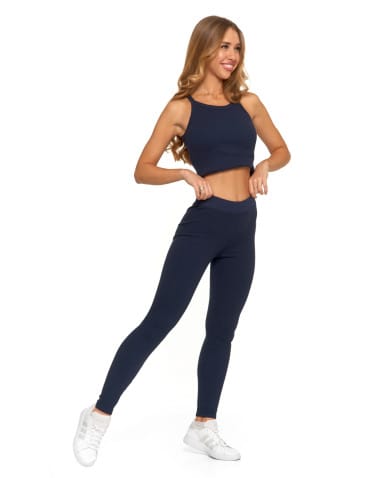 Legginsy damskie - Legginsy damskie bawełniane z szeroką gumą w pasie GRANATOWY - produkt 2