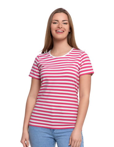 T-shirt damski bawełniany w paski - MALINOWY