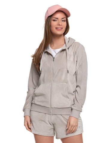 Bluzy damskie - Damska welurowa bluza z kapturem i zamkiem JASNY SZARY - produkt 1