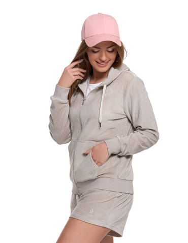 Bluzy damskie - Damska welurowa bluza z kapturem i zamkiem JASNY SZARY - produkt 3