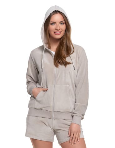 Bluzy damskie - Damska welurowa bluza z kapturem i zamkiem JASNY SZARY - produkt 7