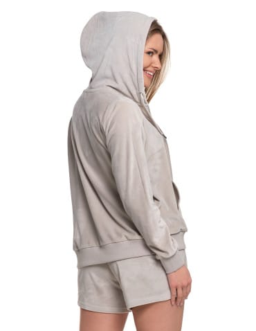 Bluzy damskie - Damska welurowa bluza z kapturem i zamkiem JASNY SZARY - produkt 8