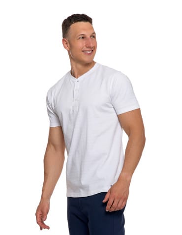 Koszulki i Tank Topy - T-shirt męski bawełniany z dekoltem henley BIAŁY - produkt 1