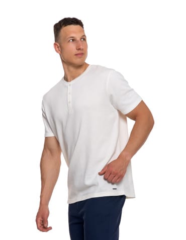 Koszulki i Tank Topy - T-shirt męski bawełniany o strukturalnym splocie typu waffle KREMOWY - produkt 4