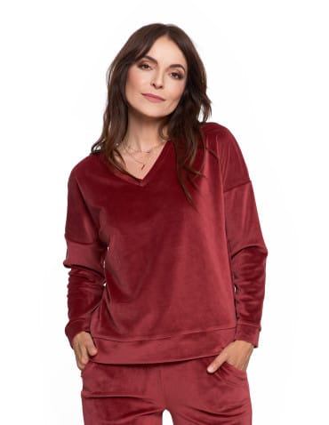 Bluzy damskie - Bluza damska welurowa klasyczna z dekoltem V BORDOWY - produkt 1