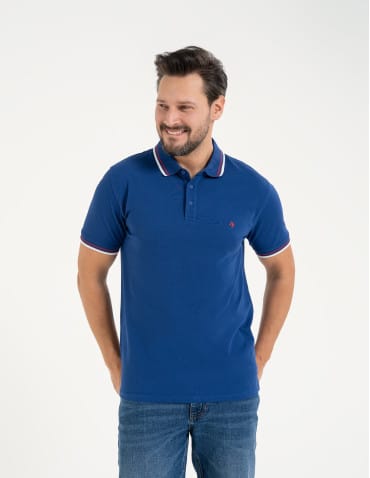 Polo - Męska koszulka polo z kolorowym paskiem na kołnierzu CIEMNY NIEBIESKI - produkt 5