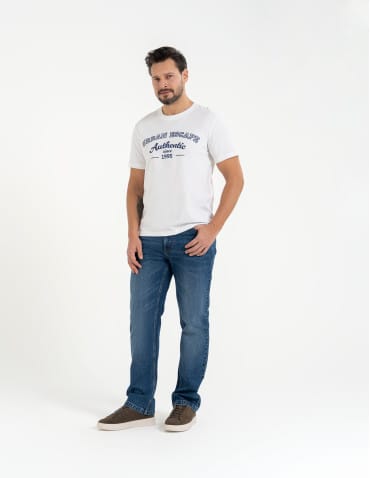 Koszulka męska bawełniana T-shirt z nadrukiem i kr&oacute;tkim rękawem - BIAŁY