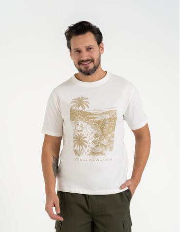 T-shirt męski bawełniany z nadrukiem - BEŻOWY