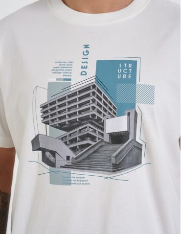 T-shirt męski bawełniany oversize z nadrukiem architektonicznym - BIAŁY  - produkt 2