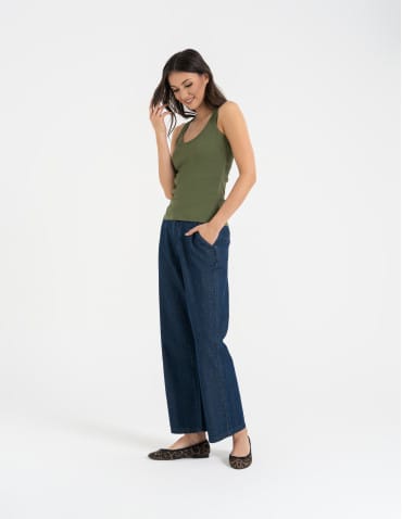 Topy na ramiączkach - Damska koszulka tank top w prążek bawełniana KHAKI - produkt 9