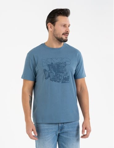 T-shirt męski bawełniany z nadrukiem monochromatycznym - NIEBIESKI