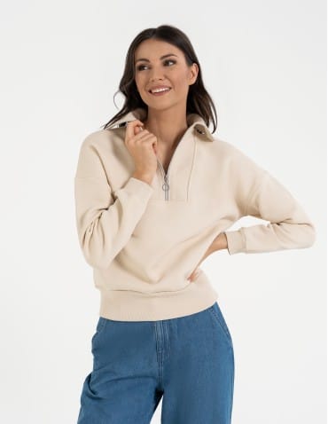 Bluzy damskie - Damska bluza dresowa ze st&oacute;jką i zamkiem ocieplana BEŻOWY - produkt 3