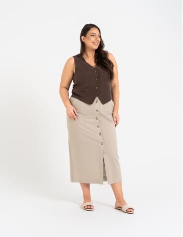 Spódnice midi - Spódnica damska midi casual z lnem i wiskozą BEŻOWY - produkt 13