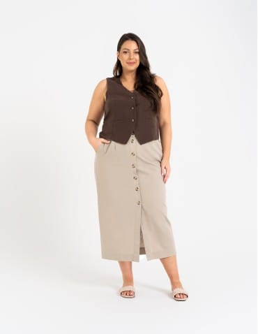 Spódnice midi - Spódnica damska midi casual z lnem i wiskozą BEŻOWY - produkt 9