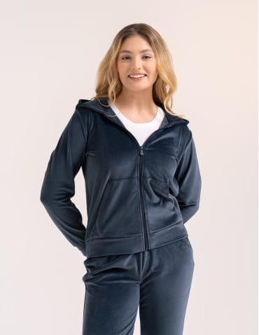 Bluzy dresowe - Bluza damska welurowa rozpinana z kapturem i kieszeniami SZARY - produkt 1
