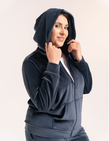 Bluzy dresowe - Bluza damska welurowa rozpinana z kapturem i kieszeniami SZARY - produkt 11