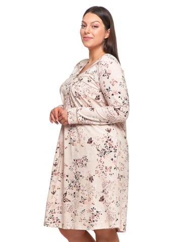 Koszule nocne z długim rękawem - Koszula nocna damska bawełna długi rękaw w kwiaty z marszczeniem Plus Size BEŻOWY - produkt 3