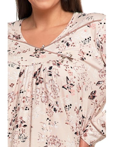 Koszula nocna damska bawełna długi rękaw w kwiaty z marszczeniem Plus Size - BEŻOWY  - produkt 2