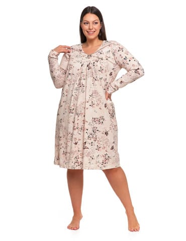 Koszule nocne z długim rękawem - Koszula nocna damska bawełna długi rękaw w kwiaty z marszczeniem Plus Size BEŻOWY - produkt 5