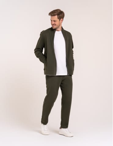 Bluzy dresowe - Męska bluza casual 100% bawełniana ze stójką zapinana na zamek KHAKI - produkt 7