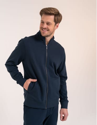 Bluzy dresowe - Męska bluza casual 100% bawełniana ze stójką zapinana na zamek GRANATOWY - produkt 3