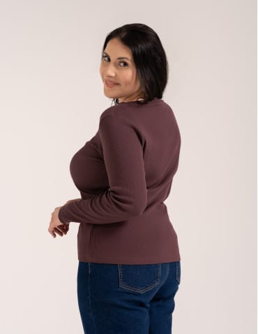 Bluzki z długim rękawem - Bluzka damska bawełniana w prążek longsleeve BRĄZ - produkt 10