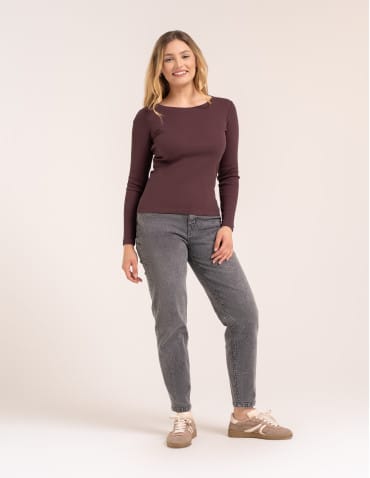 Bluzka damska bawełniana w prążek longsleeve - BRĄZ