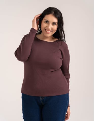 Bluzki z długim rękawem - Bluzka damska bawełniana w prążek longsleeve BRĄZ - produkt 9