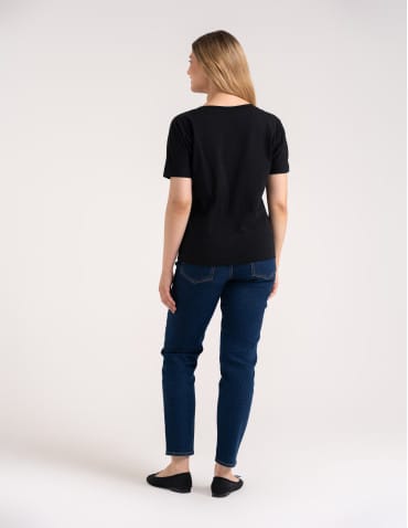 Bluzki z kr&oacute;tkim rękawem - Bluzka damska kimono bawełniana kr&oacute;j boxy z opadającym rękawem delikatny nadruk kwiatowy luźny t-shirt damski CZARNY - produkt 5