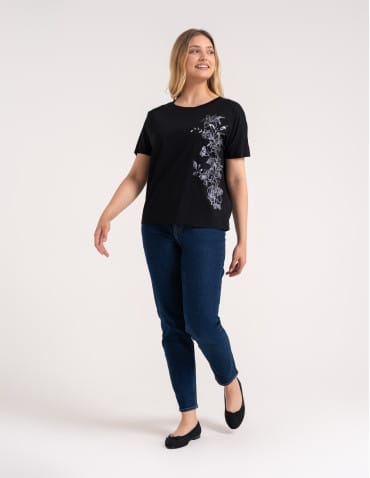 Bluzki z kr&oacute;tkim rękawem - Bluzka damska kimono bawełniana kr&oacute;j boxy z opadającym rękawem delikatny nadruk kwiatowy luźny t-shirt damski CZARNY - produkt 4