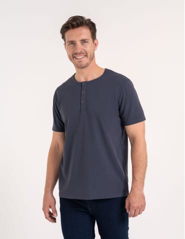Koszulki z krótkim rękawem - T-shirt męski bawełniany z guzikami henley koszulka z krótkim rękawem GRAFITOWY - produkt 1