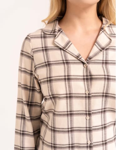 Piżamy z długim rękawem - Piżama flanelowa damska 100% bawełniana rozpinana w elegancką kratę BEŻOWY - produkt 5