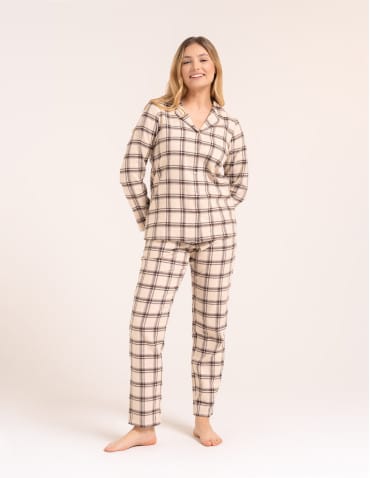 Piżama flanelowa damska 100% bawełniana rozpinana w elegancką kratę - BEŻOWY