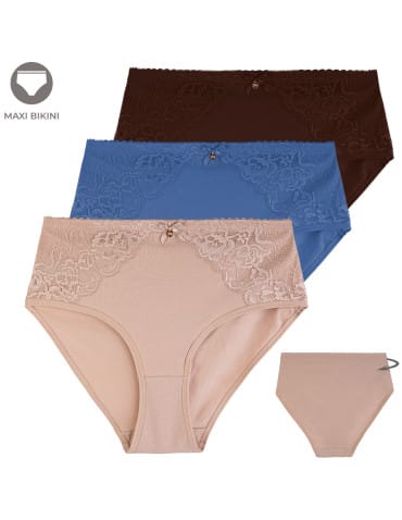 Majtki damskie Maxi bikini z wysokim stanem i koronką 3-pak - WIELOKOLOROWY