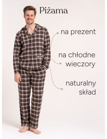 Piżamy z długim rękawem - Piżama męska 100% bawełniana flanelowa w kratę rozpinana na guziki BRĄZOWY - produkt 3