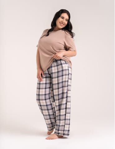 Piżamy z kr&oacute;tkim rękawem - Piżama damska bawełniana luźna komplet dwuczęściowy komfortowy BEŻOWY - produkt 8